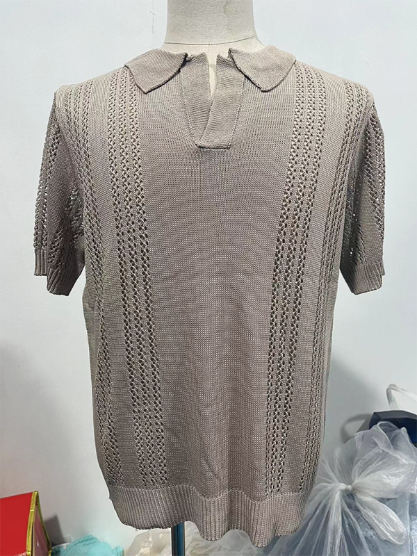 Men's Knitted Short Sleeve V-Neck Loose Solid Color Polo Shirt