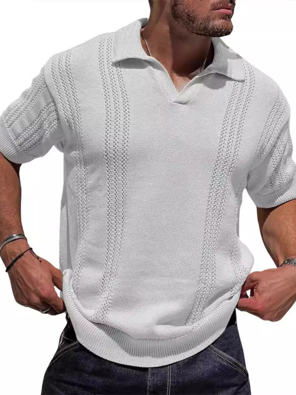 Men's Knitted Short Sleeve V-Neck Loose Solid Color Polo Shirt
