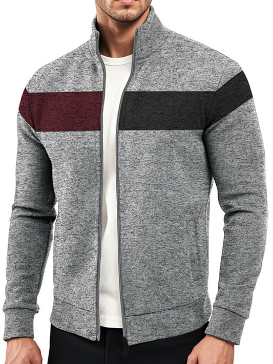 Men's Heavy Velvet Stand Collar Zipper  Cationic Stitching Contrast Color Casual Long Sleeve Sweatshirt