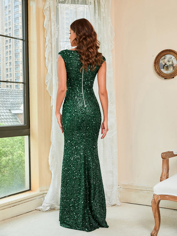 Women’s Green Sequin Sling Maxi Dress – Mid-Waist, Floor-Length Party Style
