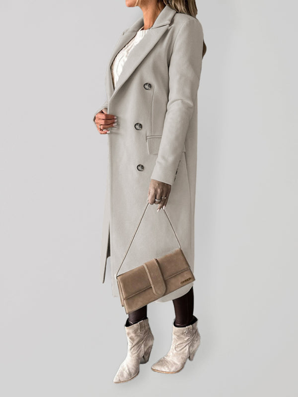 New mid-length elegant women's solid color long-sleeved double-breasted pockets Coat