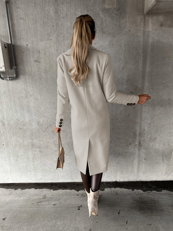 New mid-length elegant women's solid color long-sleeved double-breasted pockets Coat