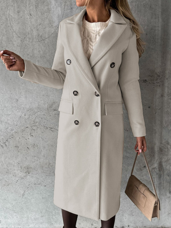 New mid-length elegant women's solid color long-sleeved double-breasted pockets Coat