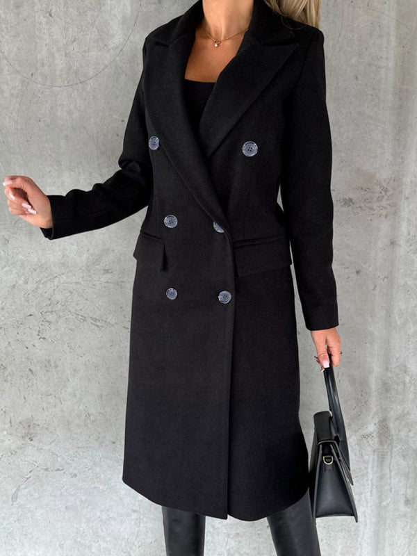 New mid-length elegant women's solid color long-sleeved double-breasted pockets Coat