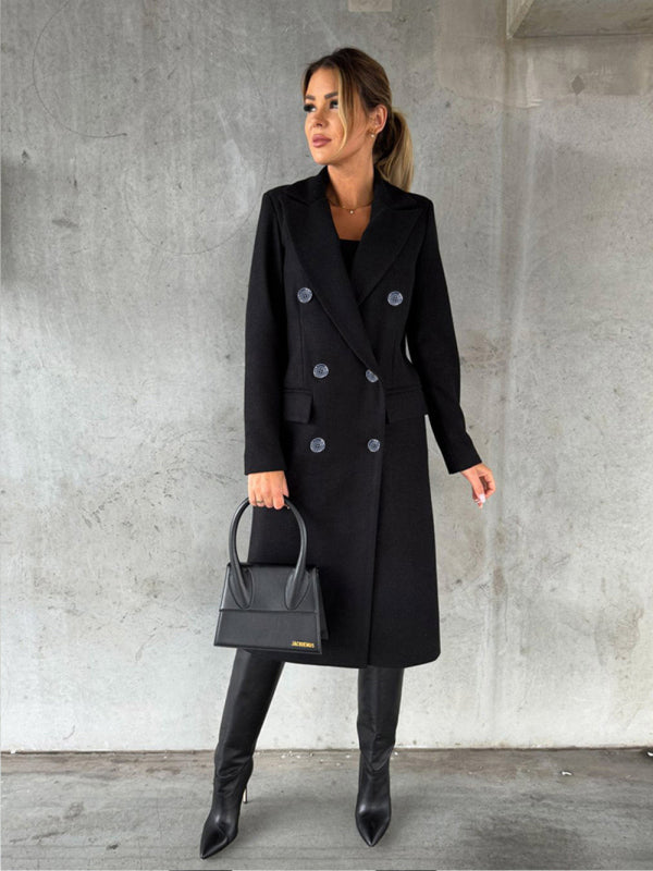 New mid-length elegant women's solid color long-sleeved double-breasted pockets Coat