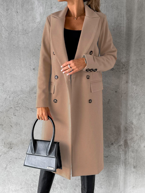 New mid-length elegant women's solid color long-sleeved double-breasted pockets Coat
