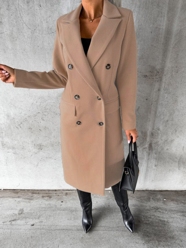 New mid-length elegant women's solid color long-sleeved double-breasted pockets Coat