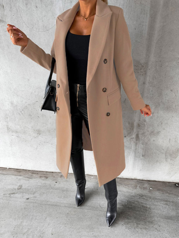 New mid-length elegant women's solid color long-sleeved double-breasted pockets Coat