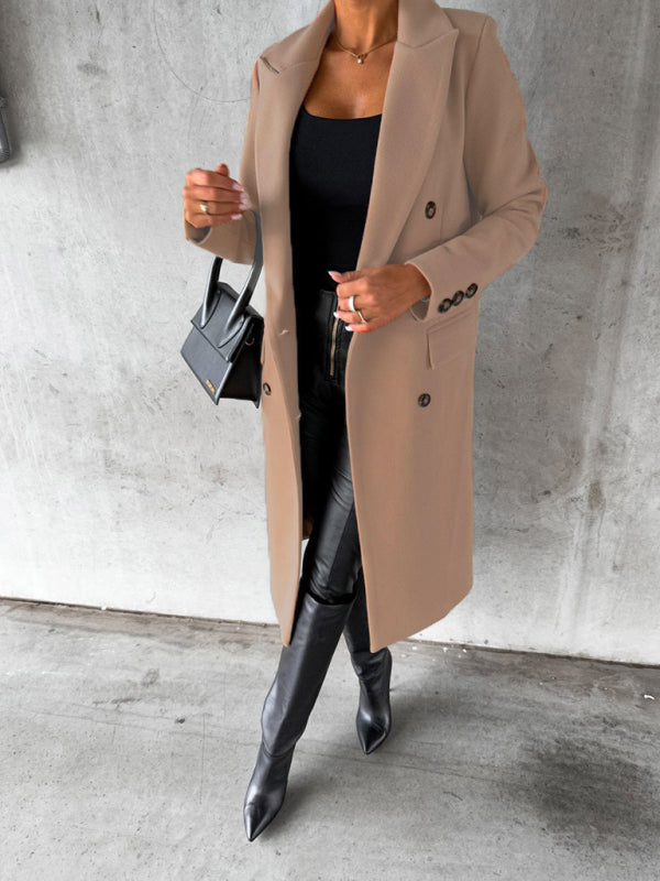 New mid-length elegant women's solid color long-sleeved double-breasted pockets Coat