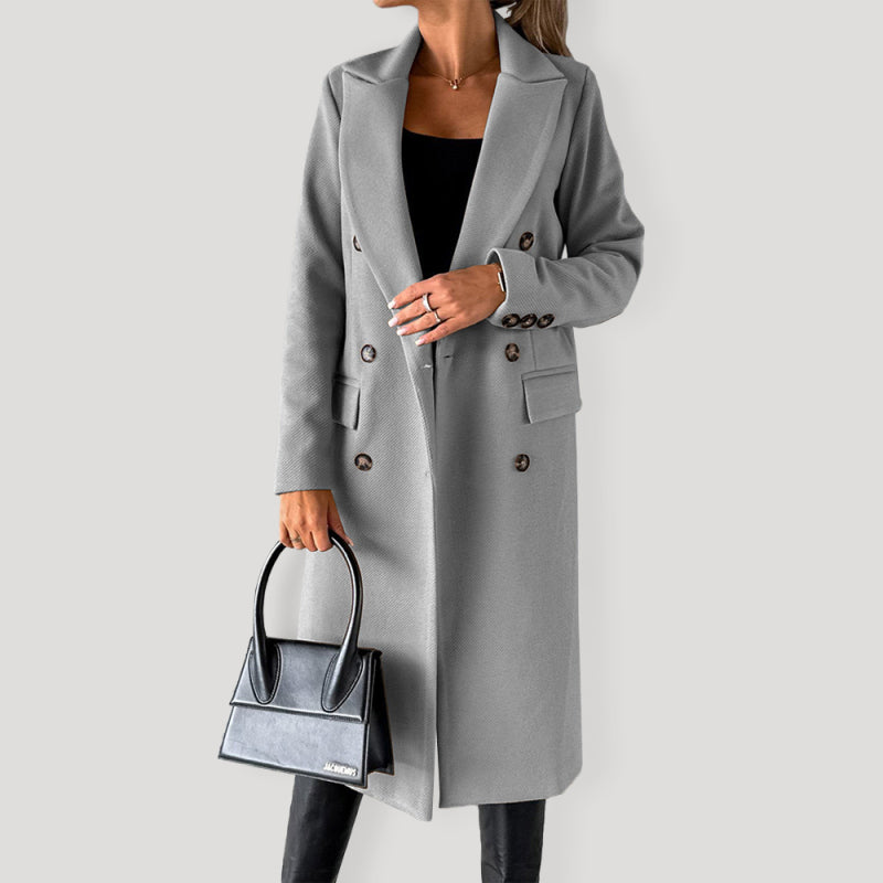 New mid-length elegant women's solid color long-sleeved double-breasted pockets Coat