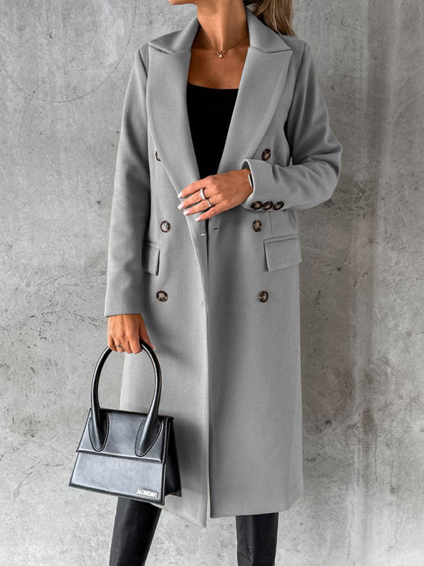 New mid-length elegant women's solid color long-sleeved double-breasted pockets Coat