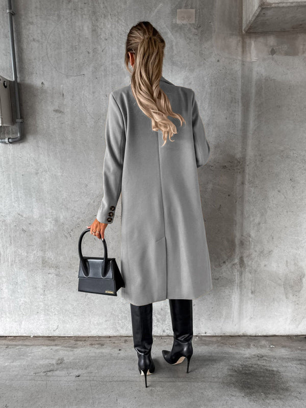 New mid-length elegant women's solid color long-sleeved double-breasted pockets Coat