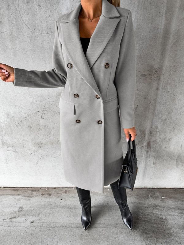 New mid-length elegant women's solid color long-sleeved double-breasted pockets Coat