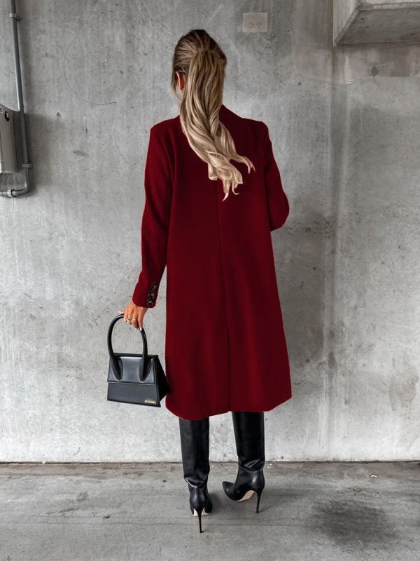 New mid-length elegant women's solid color long-sleeved double-breasted pockets Coat
