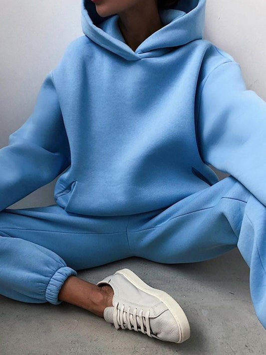 Women's solid color casual fashion  thickened long-sleeve hooded tracksuit