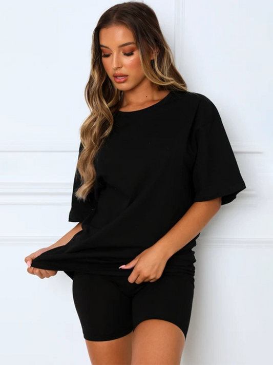 Women's solid color casual short-sleeve shorts two-piece set