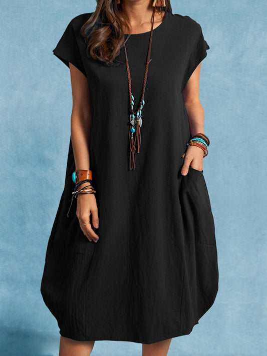 Cotton Linen Loose Casual Solid Color Pocket Dress