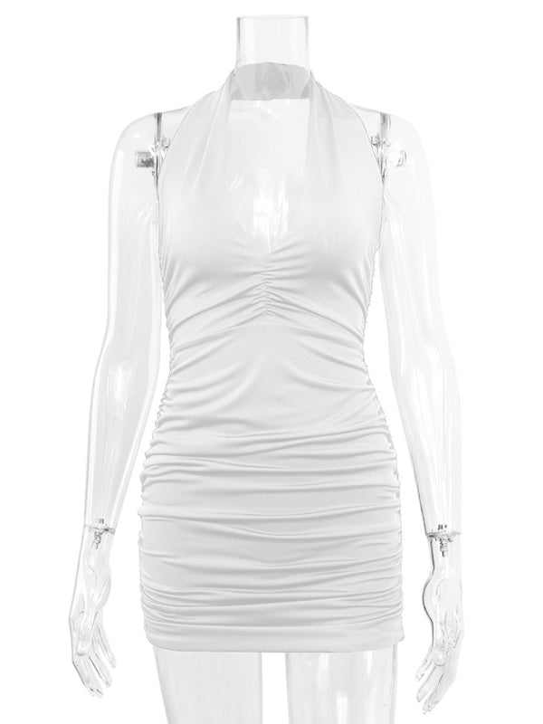 Women's V-neck Halter Neck Backless Pleated Mini Dress