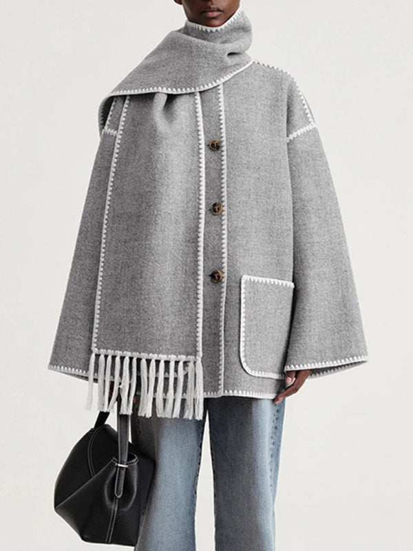 Wool blend fringed scarf collar loose woolen coat