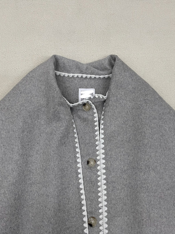 Wool blend fringed scarf collar loose woolen coat