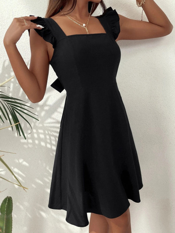 Women Summer Tie Back Ruffle Trim  Chest Wrap Backless Dress