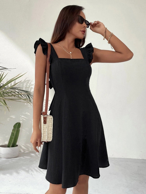 Women Summer Tie Back Ruffle Trim  Chest Wrap Backless Dress