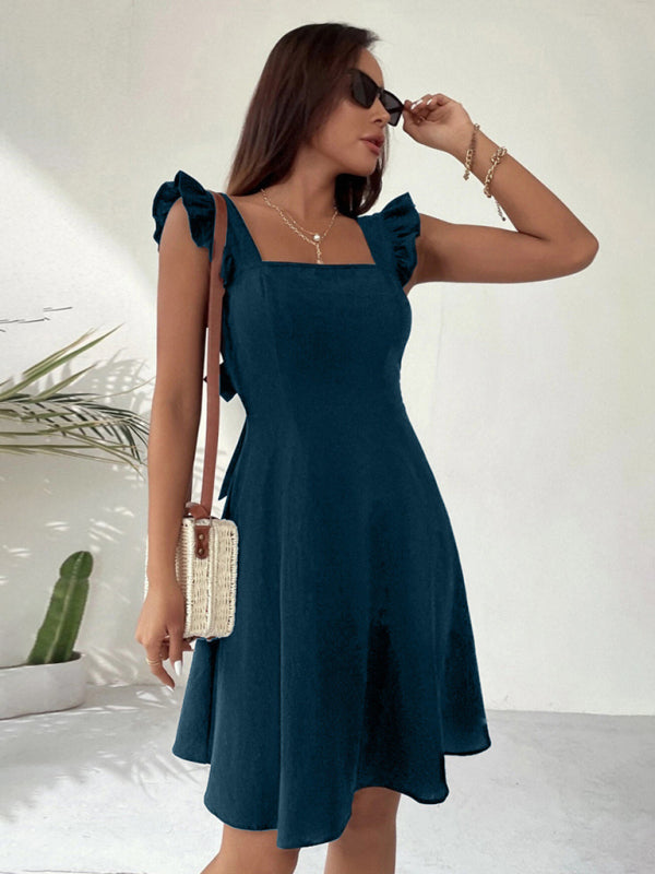 Women Summer Tie Back Ruffle Trim  Chest Wrap Backless Dress