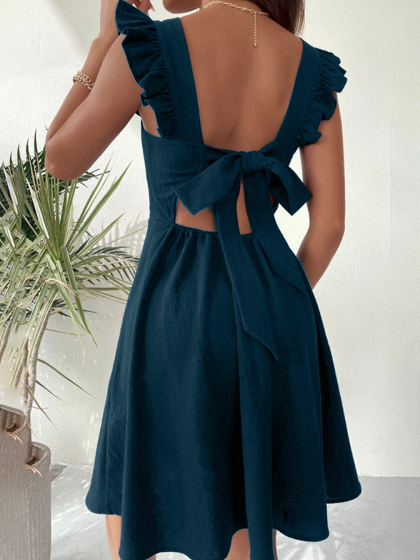 Women Summer Tie Back Ruffle Trim  Chest Wrap Backless Dress