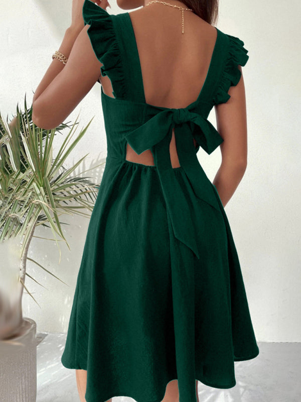Women Summer Tie Back Ruffle Trim  Chest Wrap Backless Dress