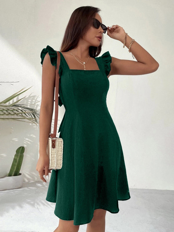 Women Summer Tie Back Ruffle Trim  Chest Wrap Backless Dress
