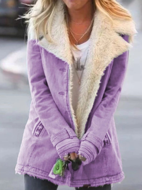 Autumn and winter solid color plush lapel mid-length coat