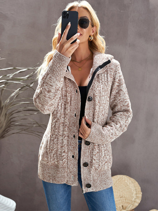 Women's warm casual hooded long-sleeved  knitted Cardigan