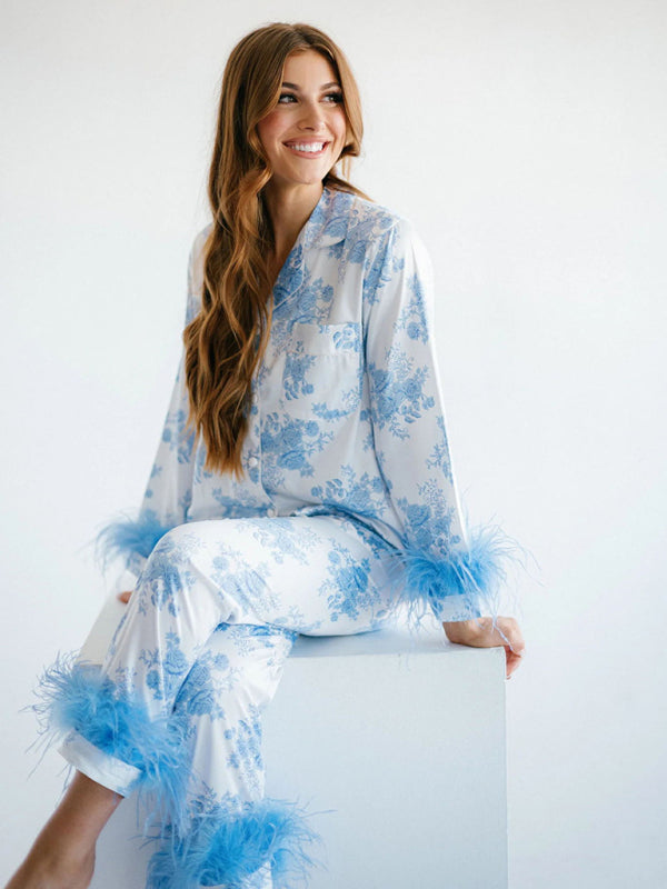 Women's New Satin Print Casual Suit Pajamas