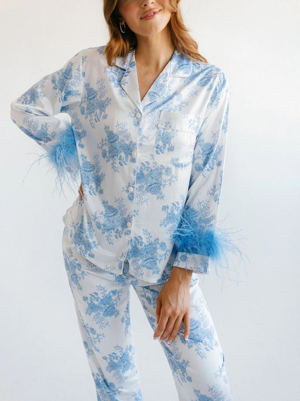 Women's New Satin Print Casual Suit Pajamas