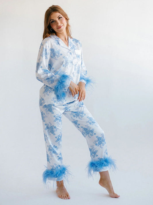 Women's New Satin Print Casual Suit Pajamas