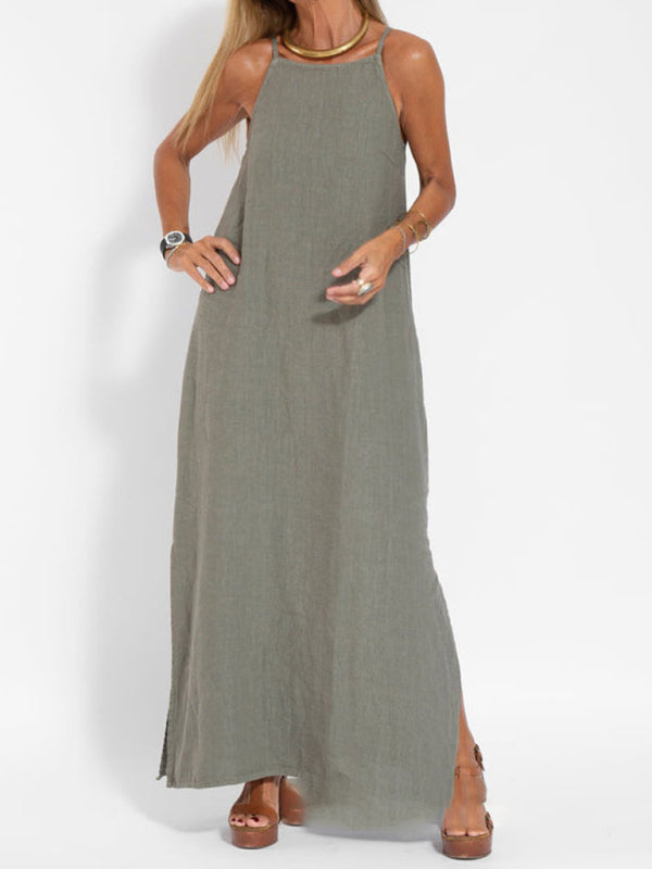 fashionable casual cotton and linen slit suspender dress