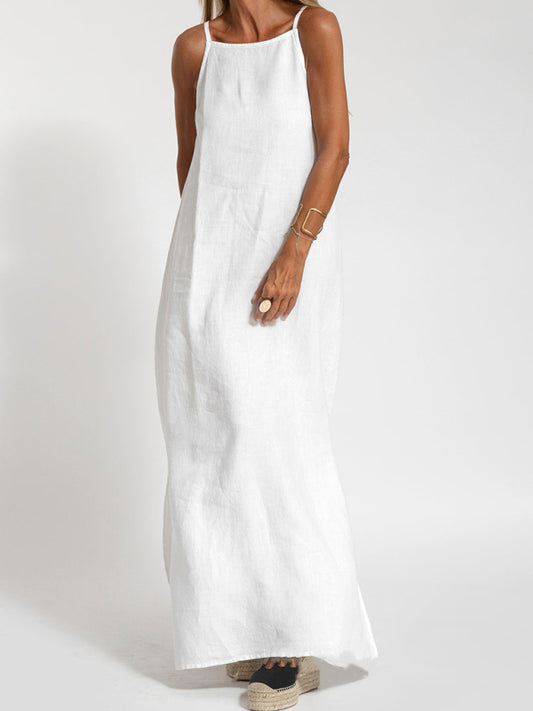 fashionable casual cotton and linen slit suspender dress