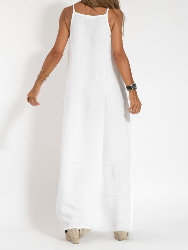 fashionable casual cotton and linen slit suspender dress