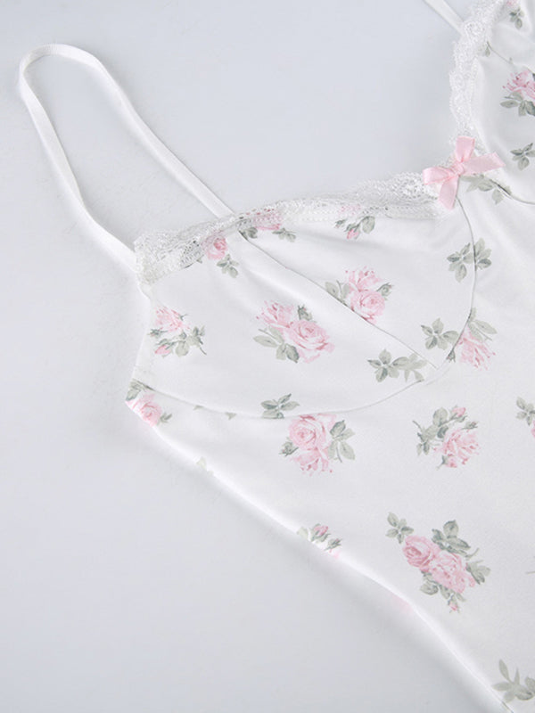 Floral Print Cami Slip Dress With Lace Trimmed Hemline