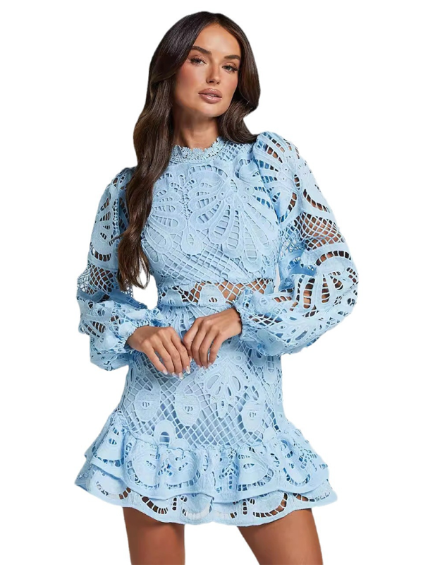 Lapel Lantern Long Sleeve Waist Gown Short A-line Ruffle Hollow Lace Dress