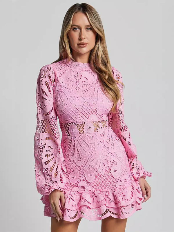 Lapel Lantern Long Sleeve Waist Gown Short A-line Ruffle Hollow Lace Dress