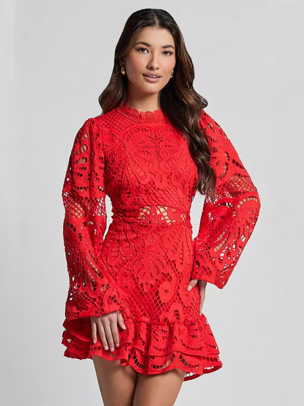 Lapel Lantern Long Sleeve Waist Gown Short A-line Ruffle Hollow Lace Dress