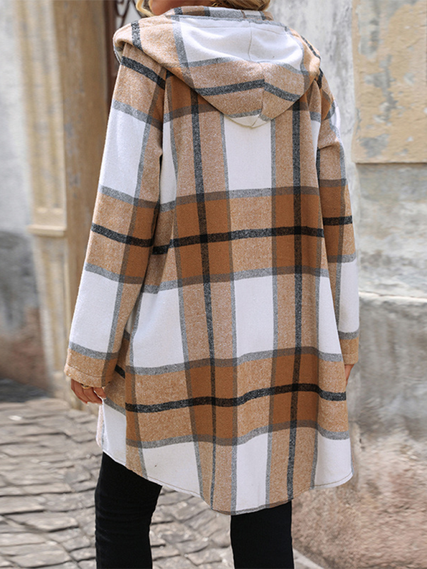 New retro classic plaid long loose casual hooded jacket
