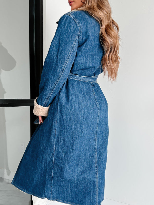 Women's Lambswool Lapel Quilted Cotton Lined Lace-up Double Pocket Denim Windbreaker Coat