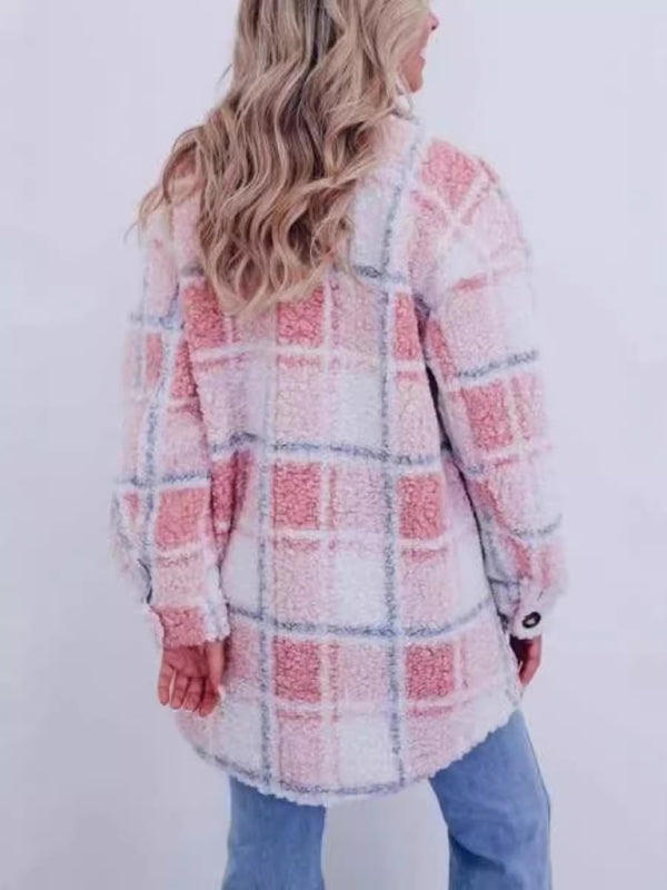 multi-color plaid warm lapel jacket fashionable and versatile long-sleeve coat