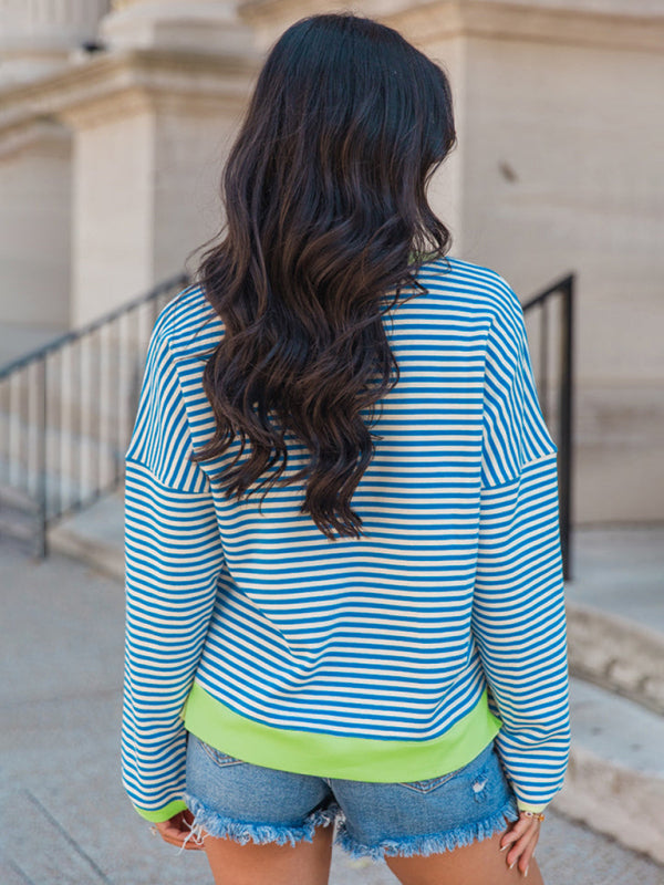 Pinstripe Contrast-Color Round-Neck Loose Casual Sweatshirt