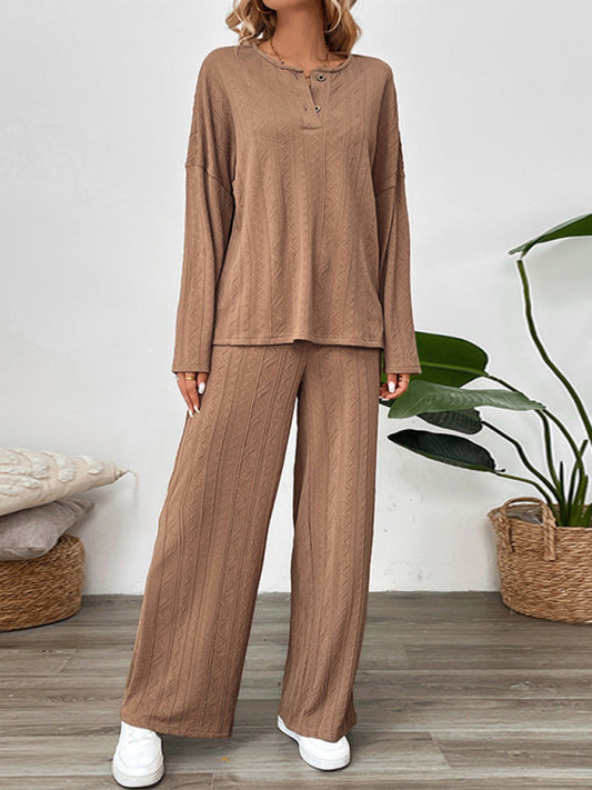 casual texture wide-leg  two-piece suit round neck home long pants set