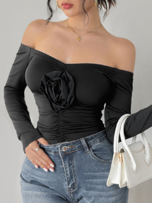 3D flower one-shoulder slim bodysuit