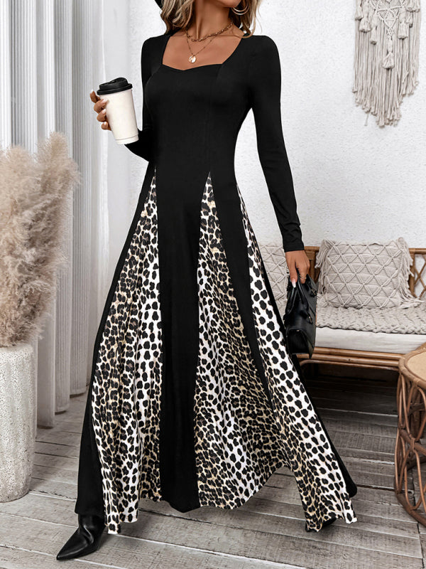 Leopard print stitching retro high waist long sleeve wide leg dress