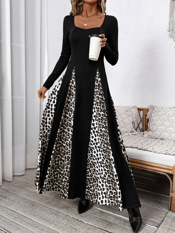 Leopard print stitching retro high waist long sleeve wide leg dress